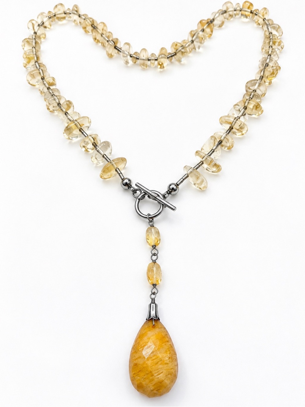 Yellow Stone Chip Beaded Necklace Toggle Clasp Teardrop Pendant